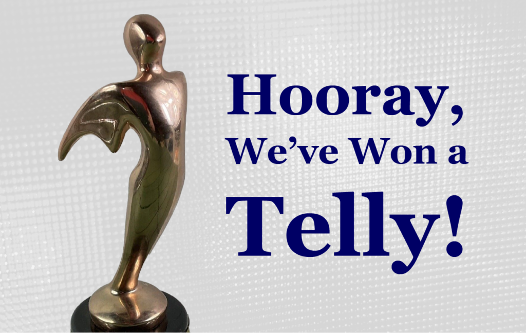 Graphic showing a telly statue with the text, "Hooray, We've Won a Telly!"